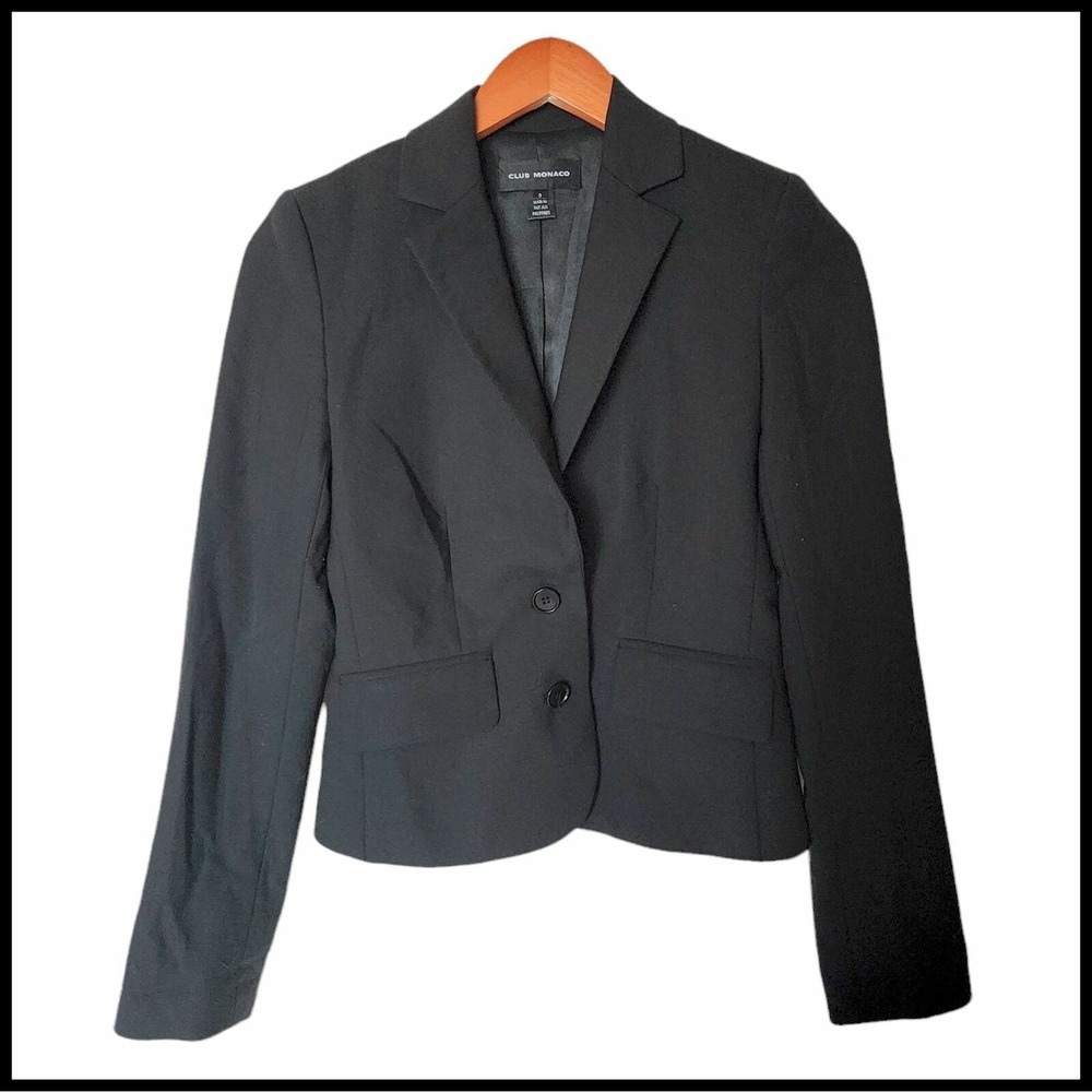 Club Monaco Black Blazer‎ Wool Size 0 Padded Shoulders 2 Buttons